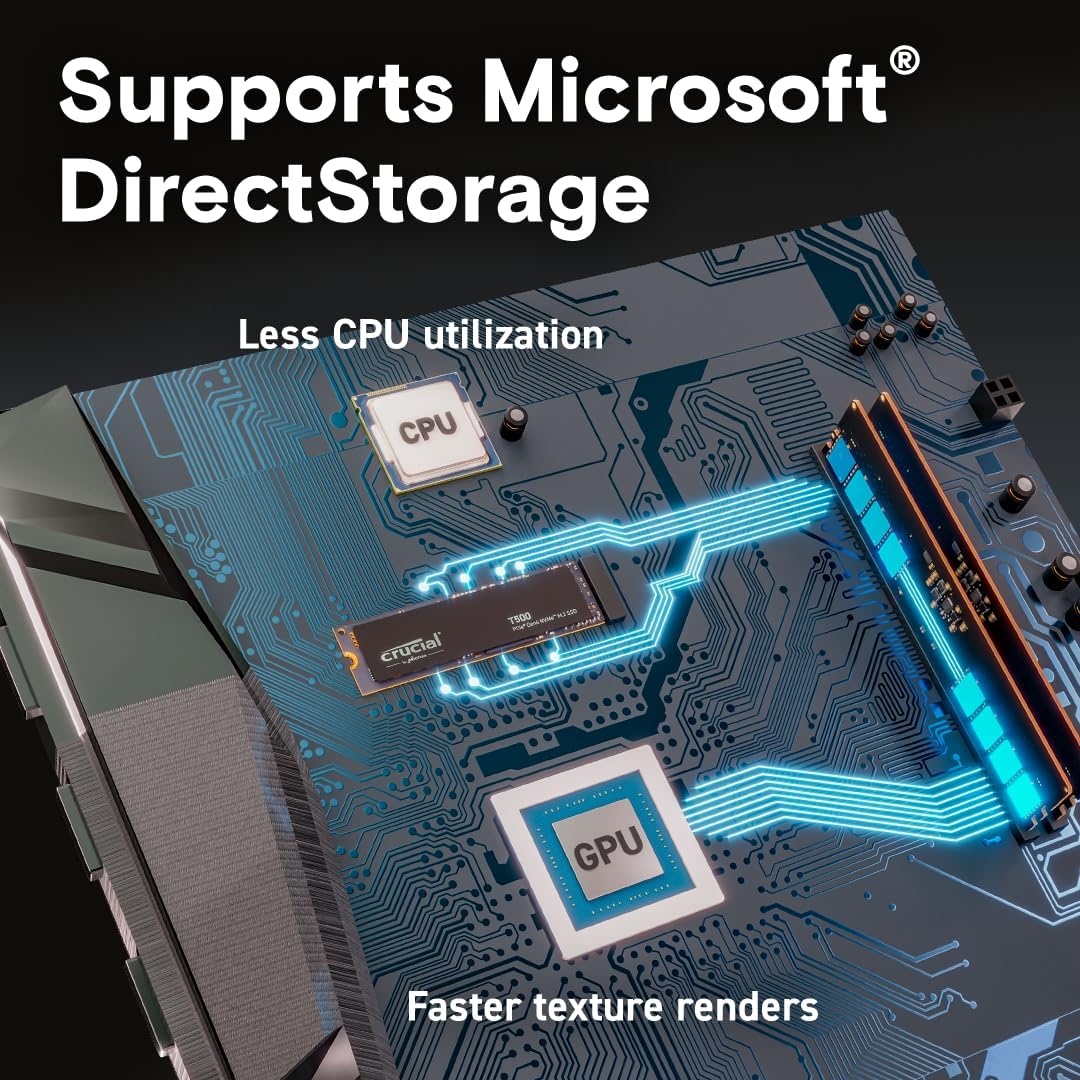 Crucial T500 SSD 1TB PCIe Gen4 NVMe M.2 SSD Interno Gaming, hasta 7300 MB/s, TLC NAND, Compatible con Ordenador Portátil y de Sobremesa, Disco Duro SSD, Microsoft DirectStorage - CT1000T500SSD8