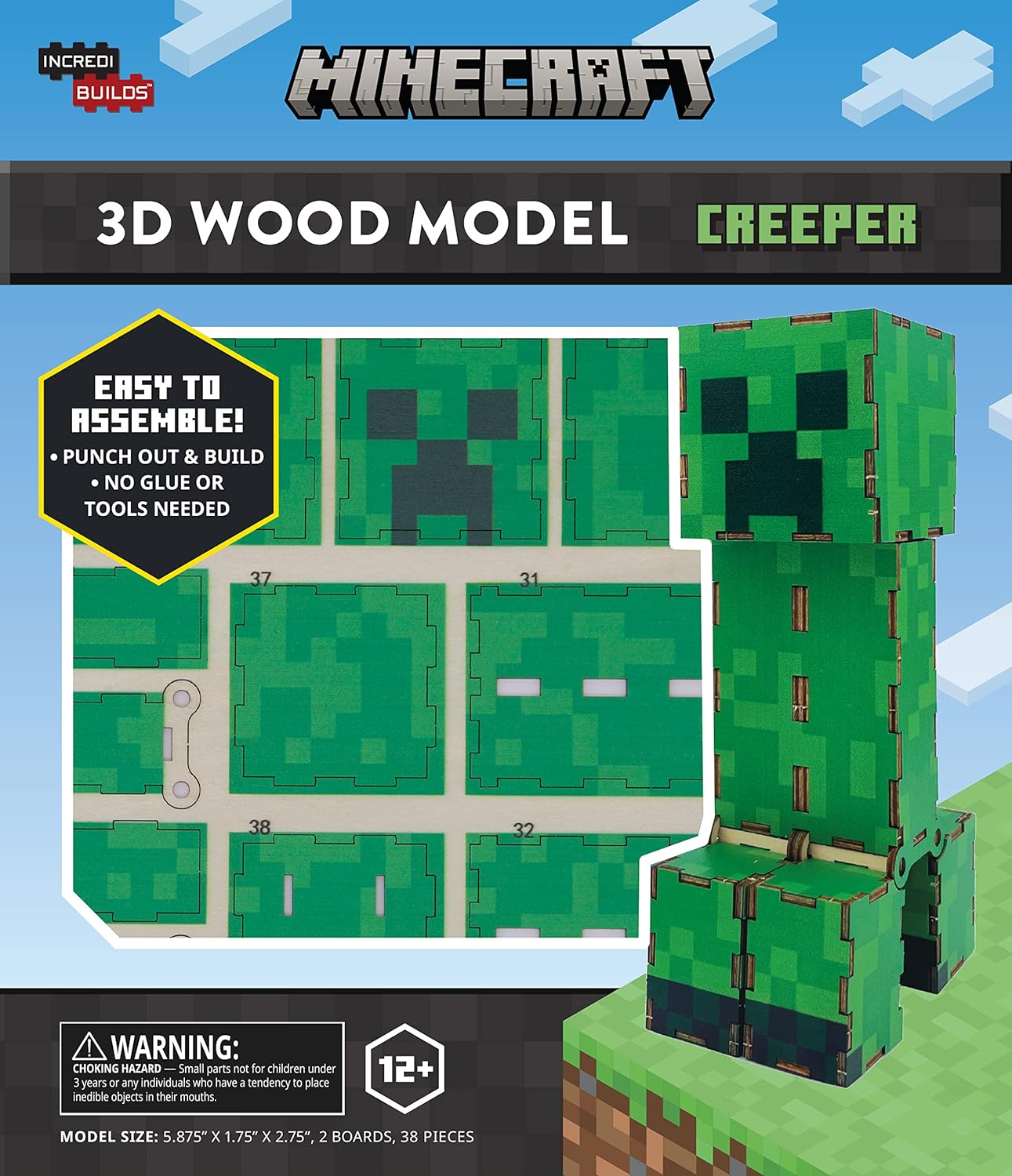 Incredibuilds Minecraft Creeper 3D Wood Puzzle & Model Figure Kit (38 Pieces) - Build & Paint Your Own 3-D Video Game Toy, No Glue Required - Officially Linensed - Gift for Kids, Boys & Teens
