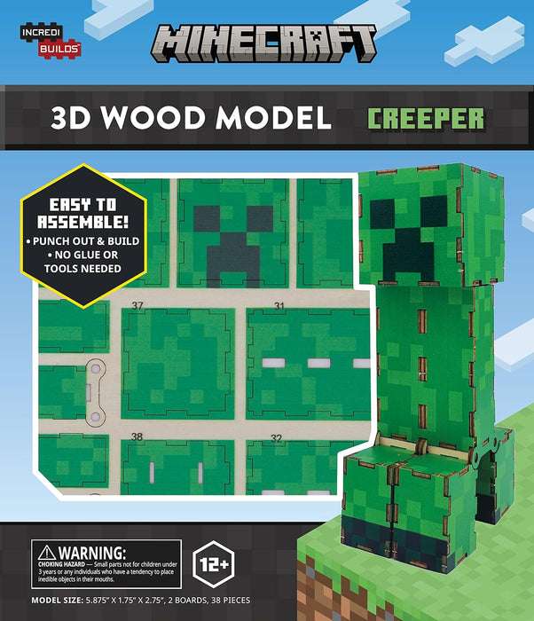 Incredibuilds Minecraft Creeper 3D Wood Puzzle & Model Figure Kit (38 Pieces) - Build & Paint Your Own 3-D Video Game Toy, No Glue Required - Officially Linensed - Gift for Kids, Boys & Teens