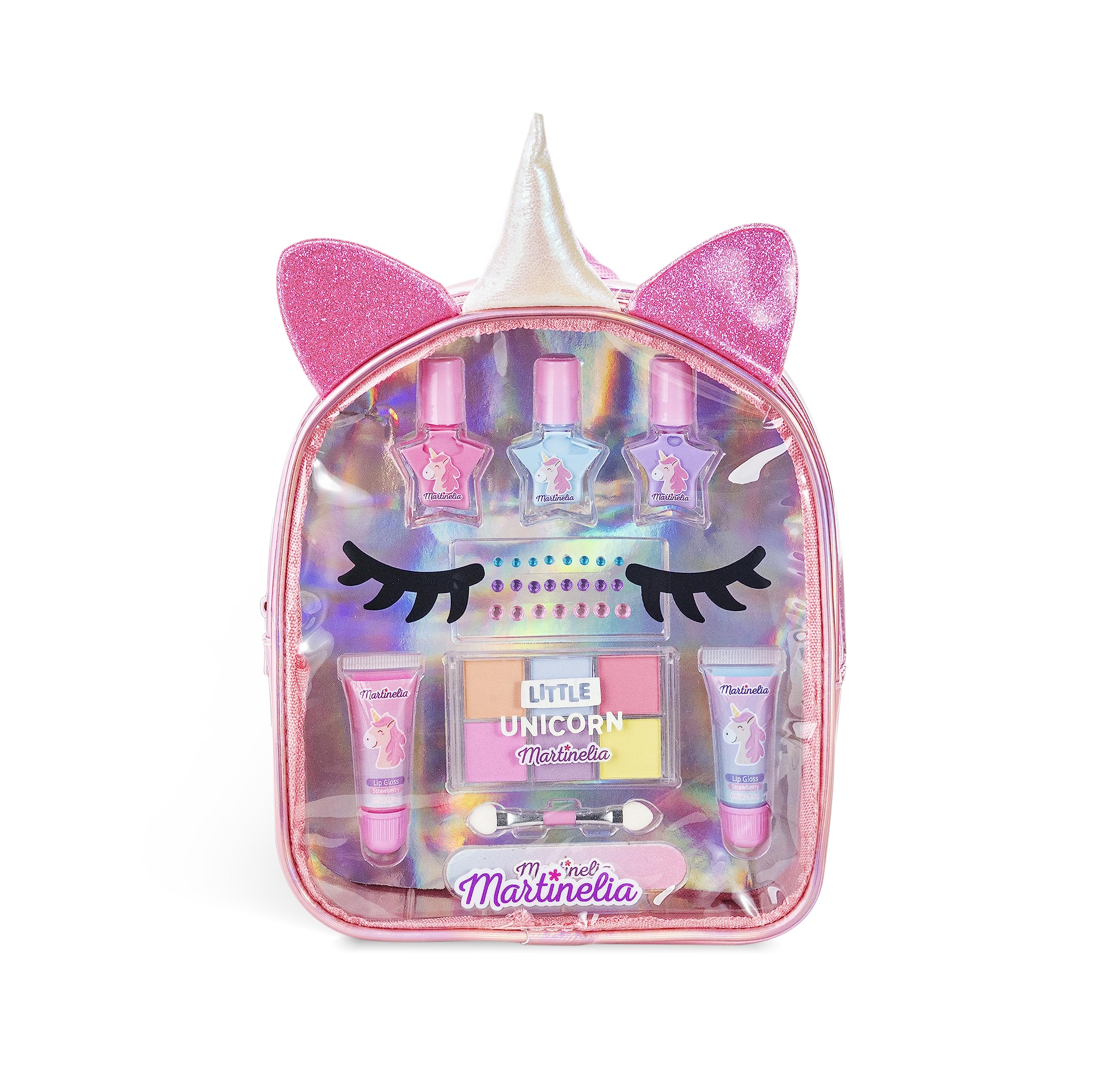 Martinelia Children's Make-Up Set + Unicorn Backpack – Girl's Beauty Set 2 Gloss, 3 Children's Nail Polishes, 1 Nail File, Stickers, 6 Eyeshadows & Brush – No Harmful Products