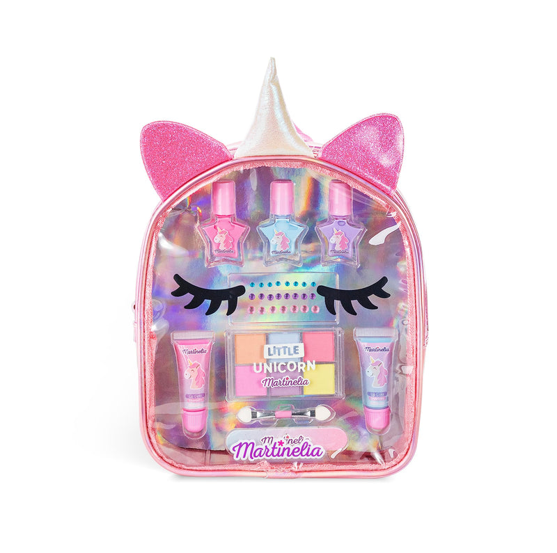 Martinelia Children's Make-Up Set + Unicorn Backpack – Girl's Beauty Set 2 Gloss, 3 Children's Nail Polishes, 1 Nail File, Stickers, 6 Eyeshadows & Brush – No Harmful Products