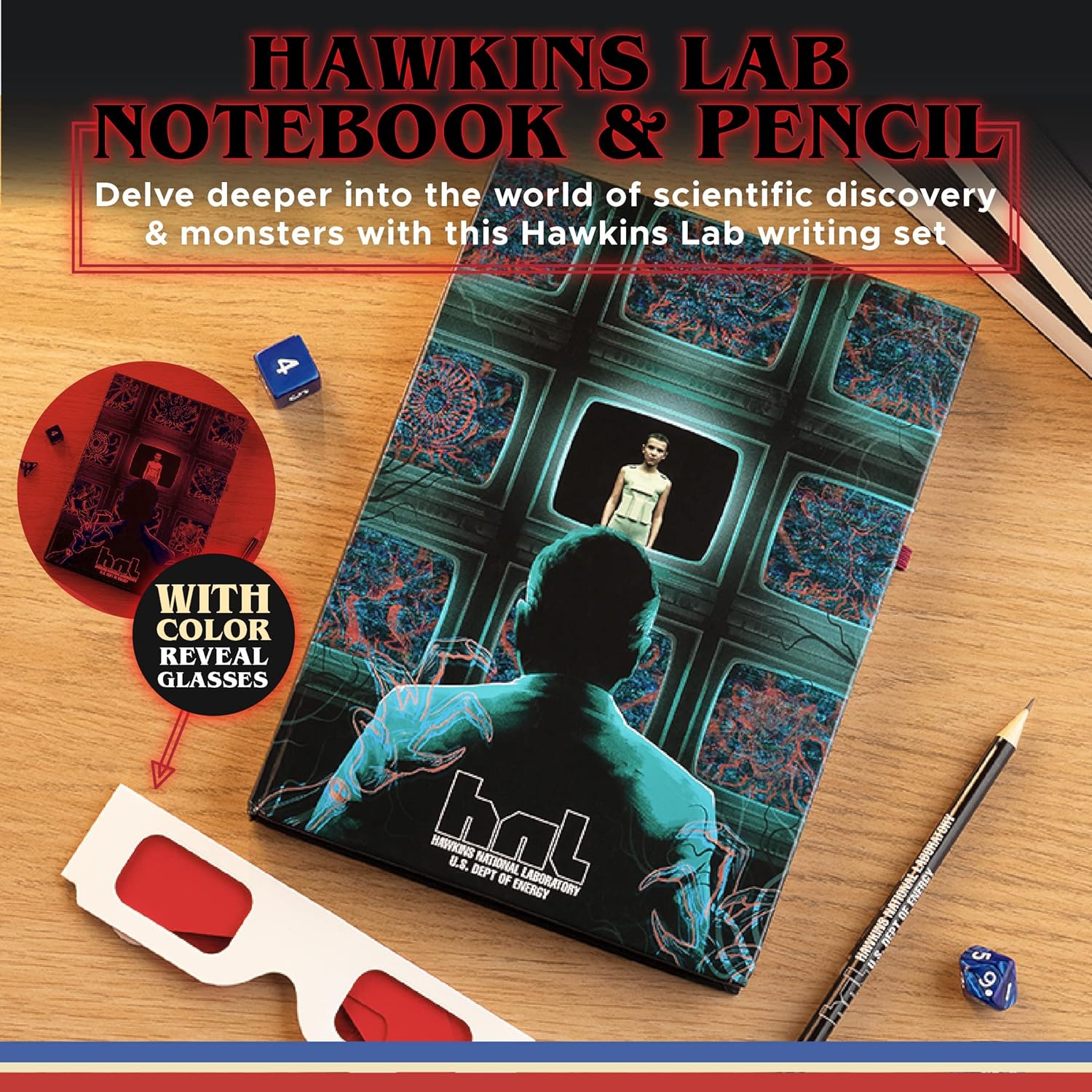 Paladone Hawkins Lab Colour Change Notebook and Pencil | Stranger Things Merchandise Journal or School Supplies, Multicolor (9878