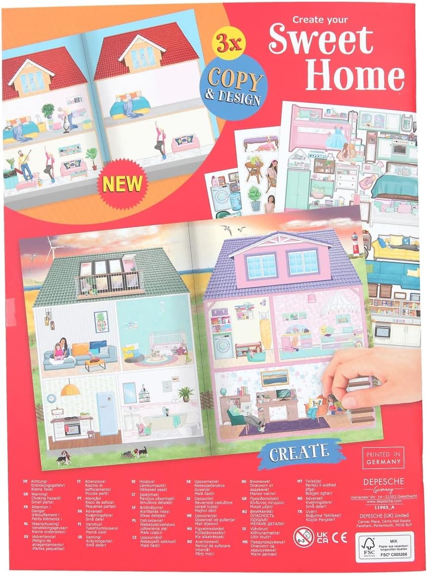 Depesche 11965 Create Your Sweet Home Colouring Book with 24 Pages for Designing Different Rooms and Your Own Living World Includes 3 Sheets with Paper and Foil Stickers, Multicoloured