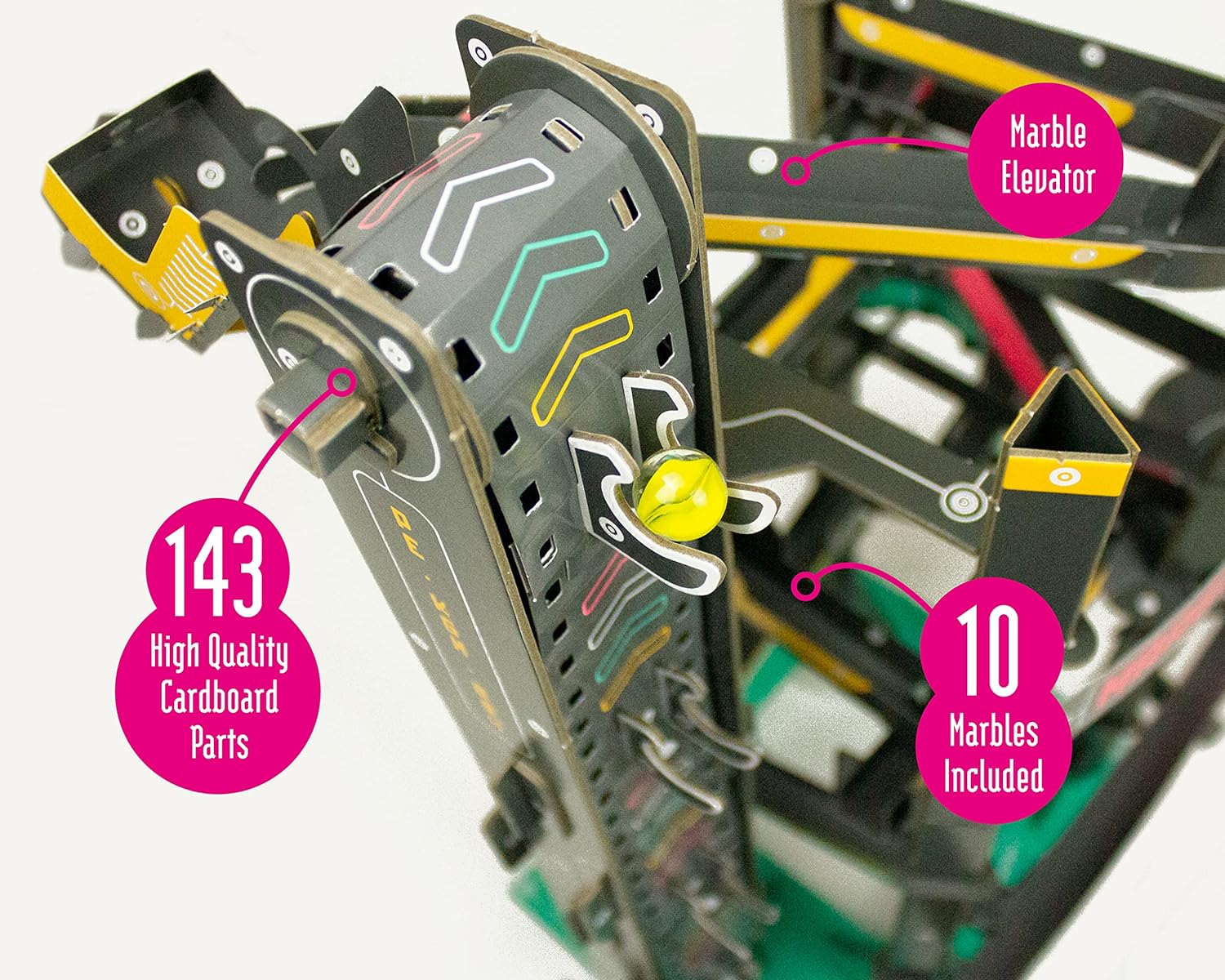Build Your Own Cardboard Marble Run - Includes x10 Swirly Glass Marbles - Eco Friendly Cardboard Craft Kit - Ages 10+