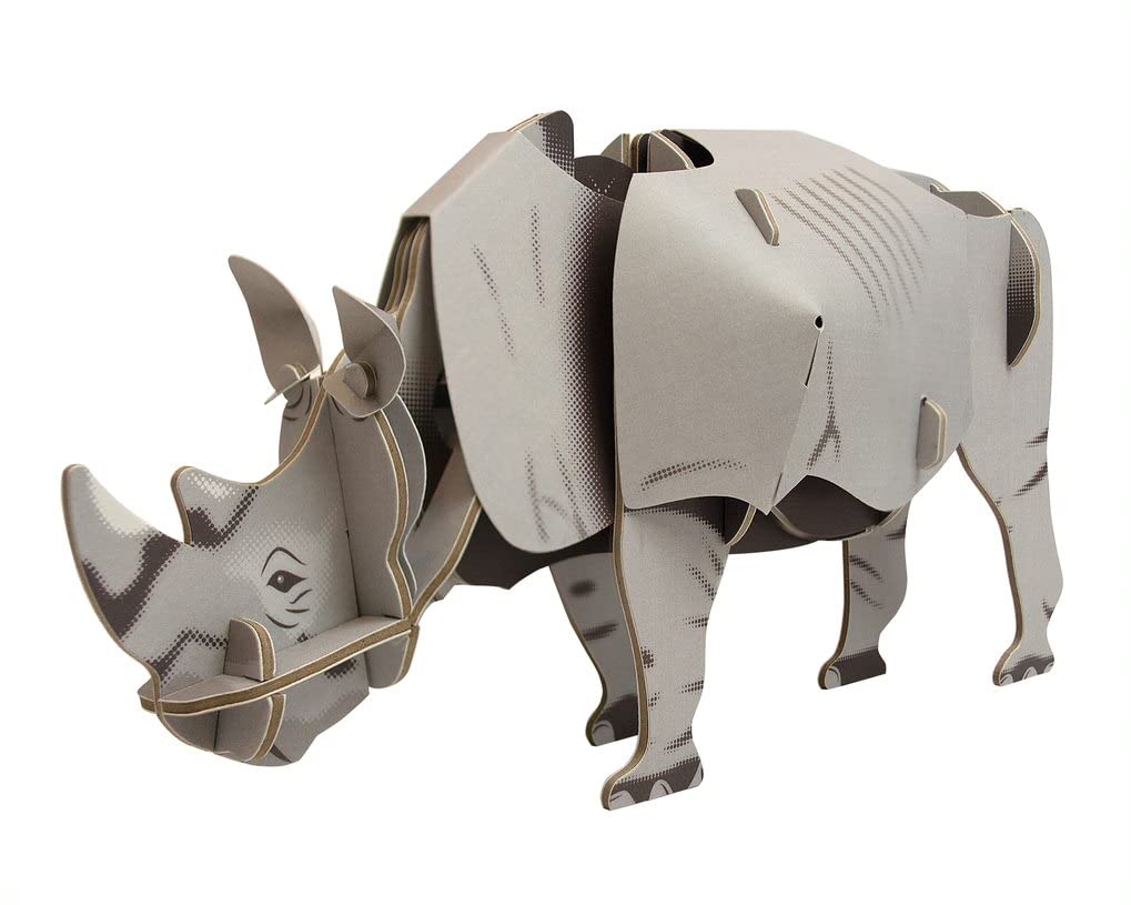 Build Your Own Moving White Rhino - Pull Tab Head Movement Action - Eco Friendly Cardboard Craft Kit - Ages 8+