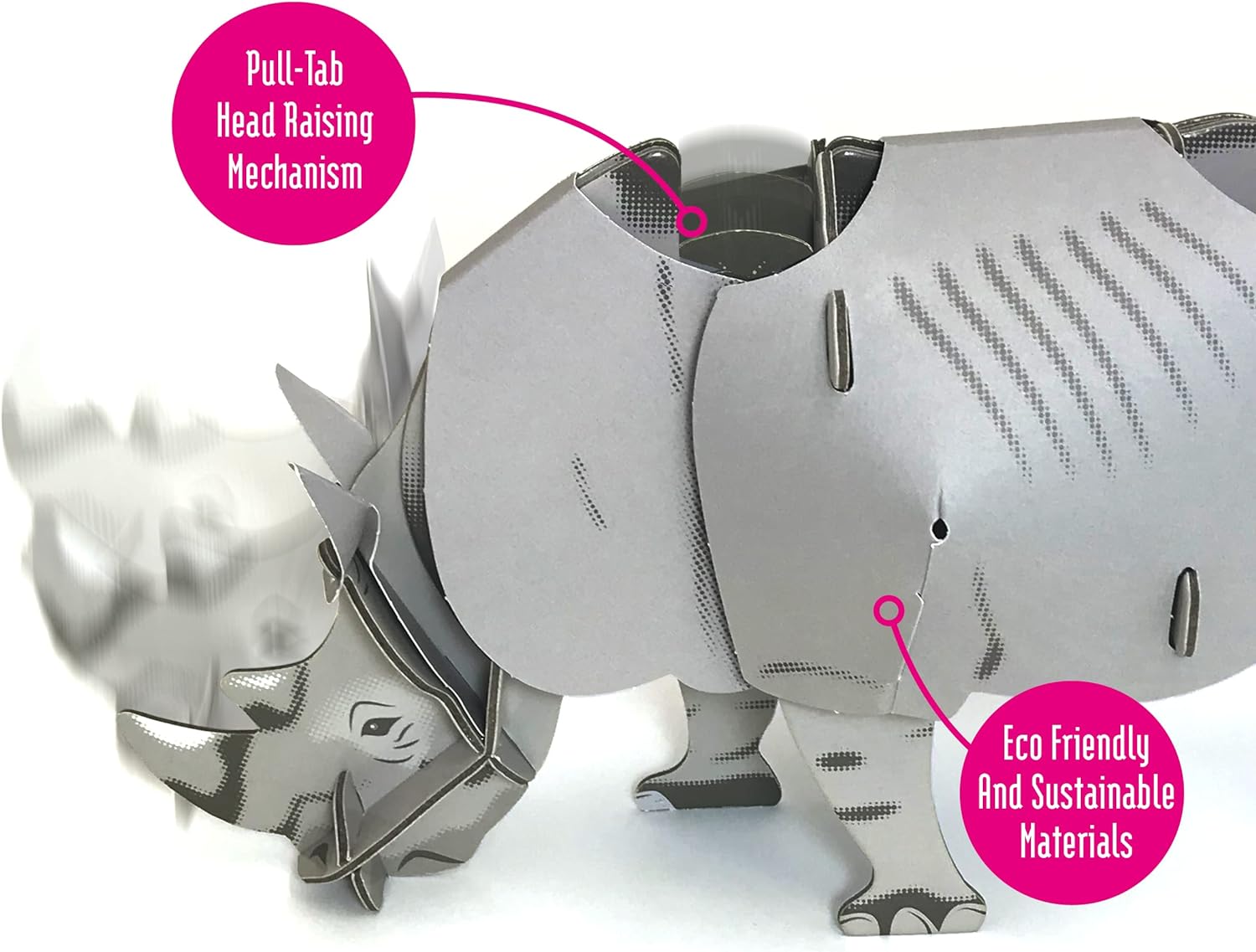 Build Your Own Moving White Rhino - Pull Tab Head Movement Action - Eco Friendly Cardboard Craft Kit - Ages 8+