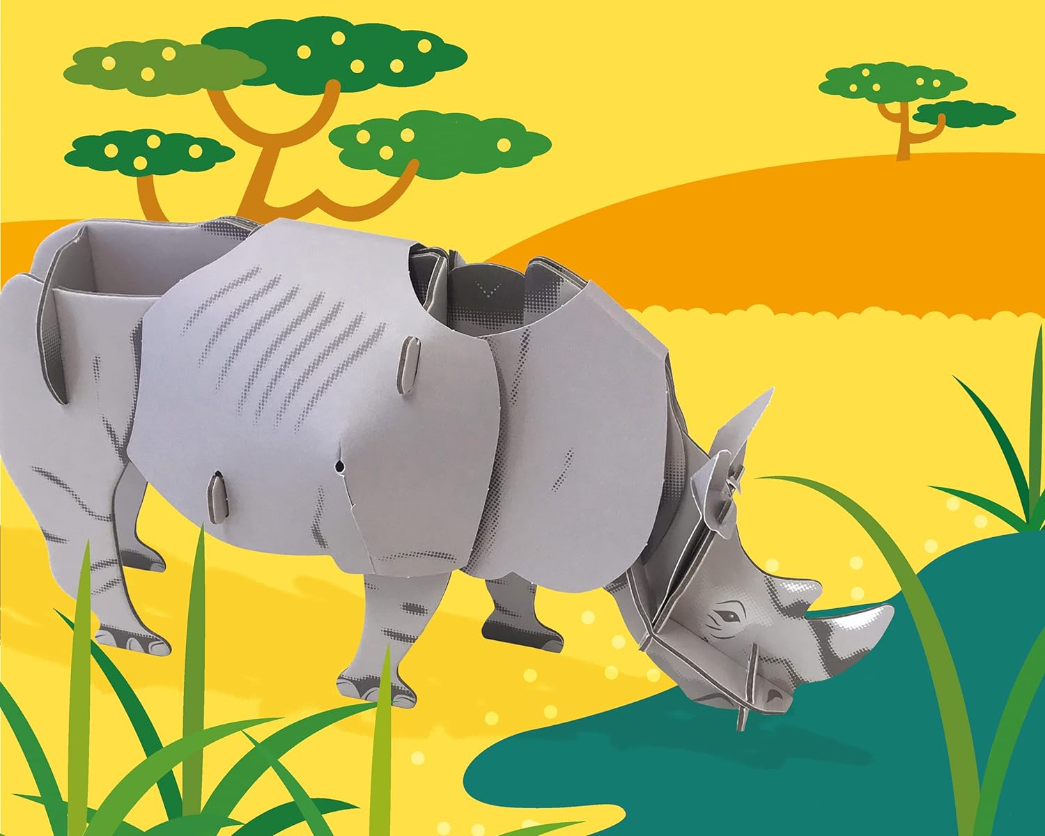 Build Your Own Moving White Rhino - Pull Tab Head Movement Action - Eco Friendly Cardboard Craft Kit - Ages 8+