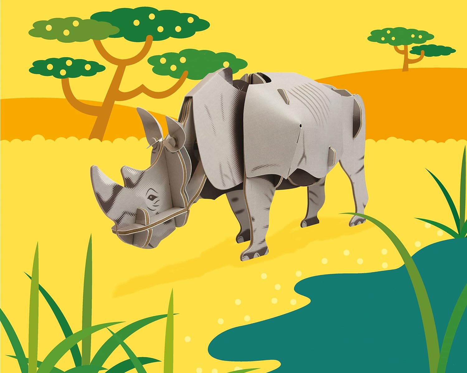 Build Your Own Moving White Rhino - Pull Tab Head Movement Action - Eco Friendly Cardboard Craft Kit - Ages 8+