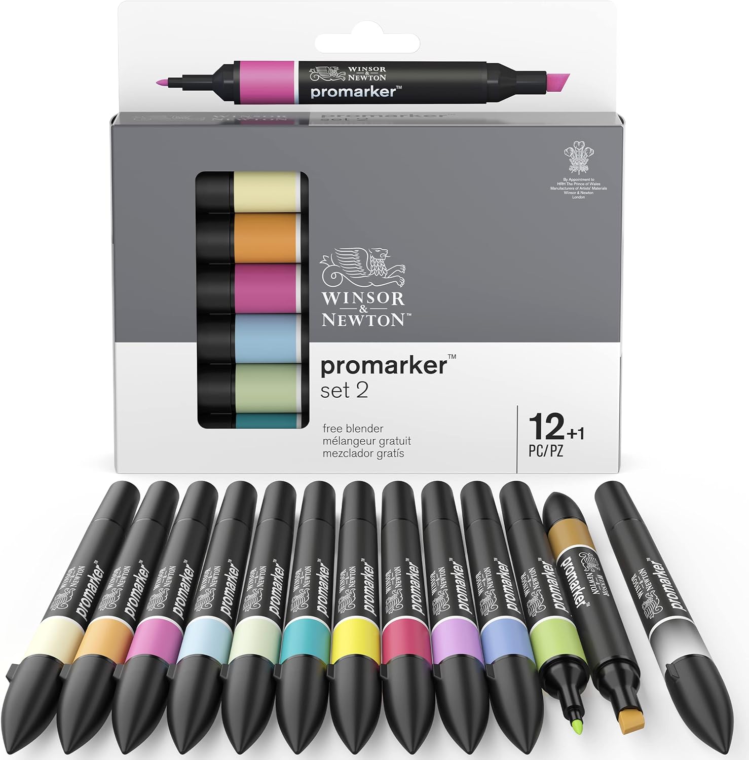 Winsor & Newton, Promarker, Essential Colours II, Set of 12+1 Blender, Alcohol Based Dual Tip Markers Essential Colours 2 12