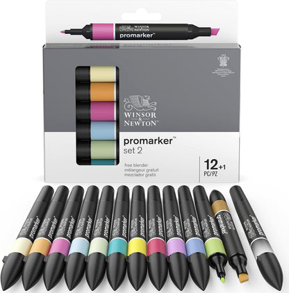 Winsor & Newton, Promarker, Essential Colours II, Set of 12+1 Blender, Alcohol Based Dual Tip Markers Essential Colours 2 12