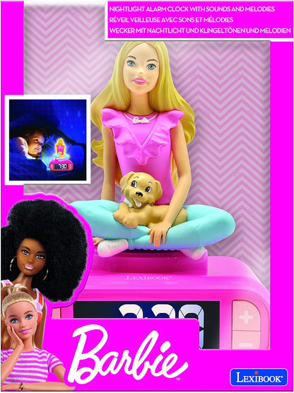 Lexibook, Mattel, Barbie Nightlight alarm clock, Sounds and Melodies, LCD Backlit screen, Luminous, Snooze, Pink