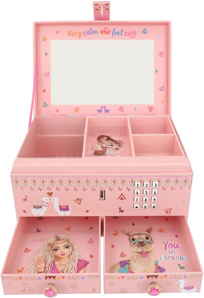 Depesche 11900 TOPModel Cosy Small Jewellery Box in Pink with Alpaca and Model Motif, Opens with Code and Sound, Jewellery Box with Mirror and Hinged Lid