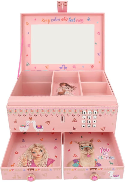 Depesche 11900 TOPModel Cosy Small Jewellery Box in Pink with Alpaca and Model Motif, Opens with Code and Sound, Jewellery Box with Mirror and Hinged Lid