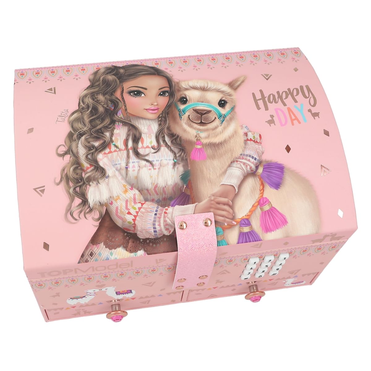 Depesche 11900 TOPModel Cosy Small Jewellery Box in Pink with Alpaca and Model Motif, Opens with Code and Sound, Jewellery Box with Mirror and Hinged Lid