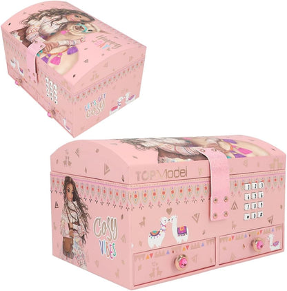 Depesche 11900 TOPModel Cosy Small Jewellery Box in Pink with Alpaca and Model Motif, Opens with Code and Sound, Jewellery Box with Mirror and Hinged Lid