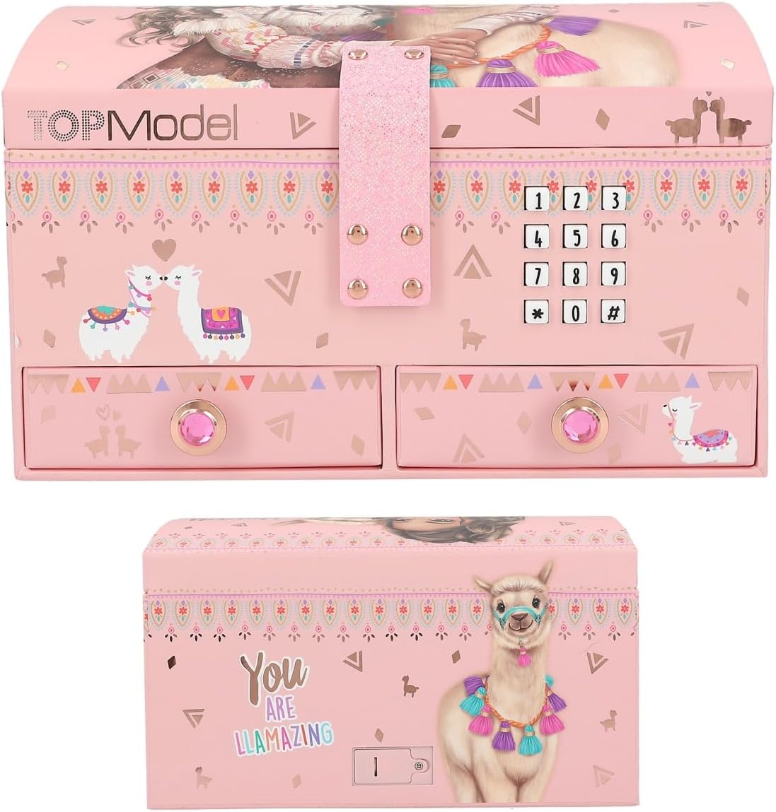 Depesche 11900 TOPModel Cosy Small Jewellery Box in Pink with Alpaca and Model Motif, Opens with Code and Sound, Jewellery Box with Mirror and Hinged Lid
