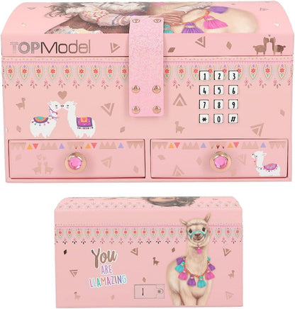 Depesche 11900 TOPModel Cosy Small Jewellery Box in Pink with Alpaca and Model Motif, Opens with Code and Sound, Jewellery Box with Mirror and Hinged Lid