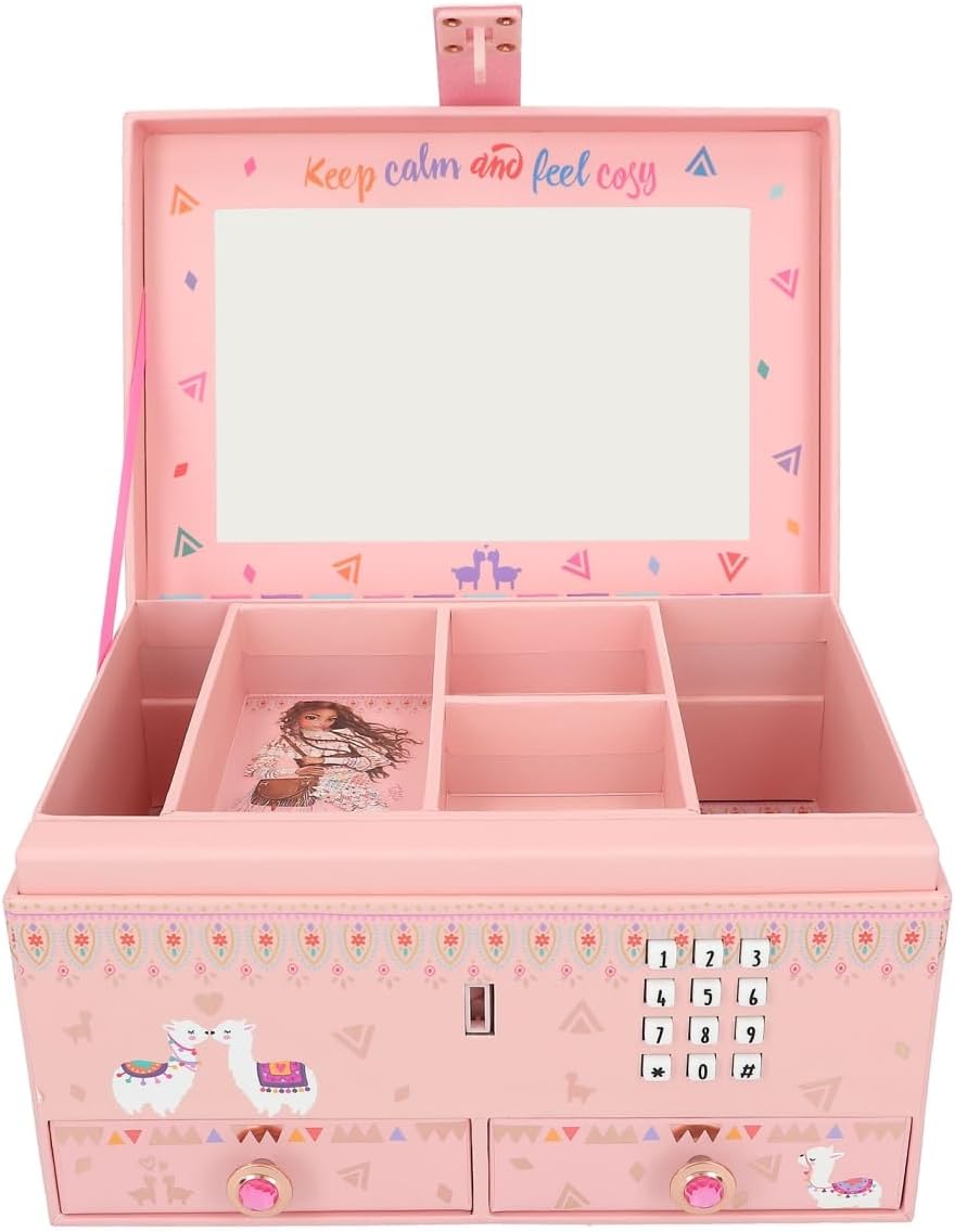 Depesche 11900 TOPModel Cosy Small Jewellery Box in Pink with Alpaca and Model Motif, Opens with Code and Sound, Jewellery Box with Mirror and Hinged Lid