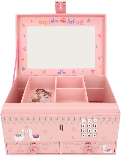 Depesche 11900 TOPModel Cosy Small Jewellery Box in Pink with Alpaca and Model Motif, Opens with Code and Sound, Jewellery Box with Mirror and Hinged Lid