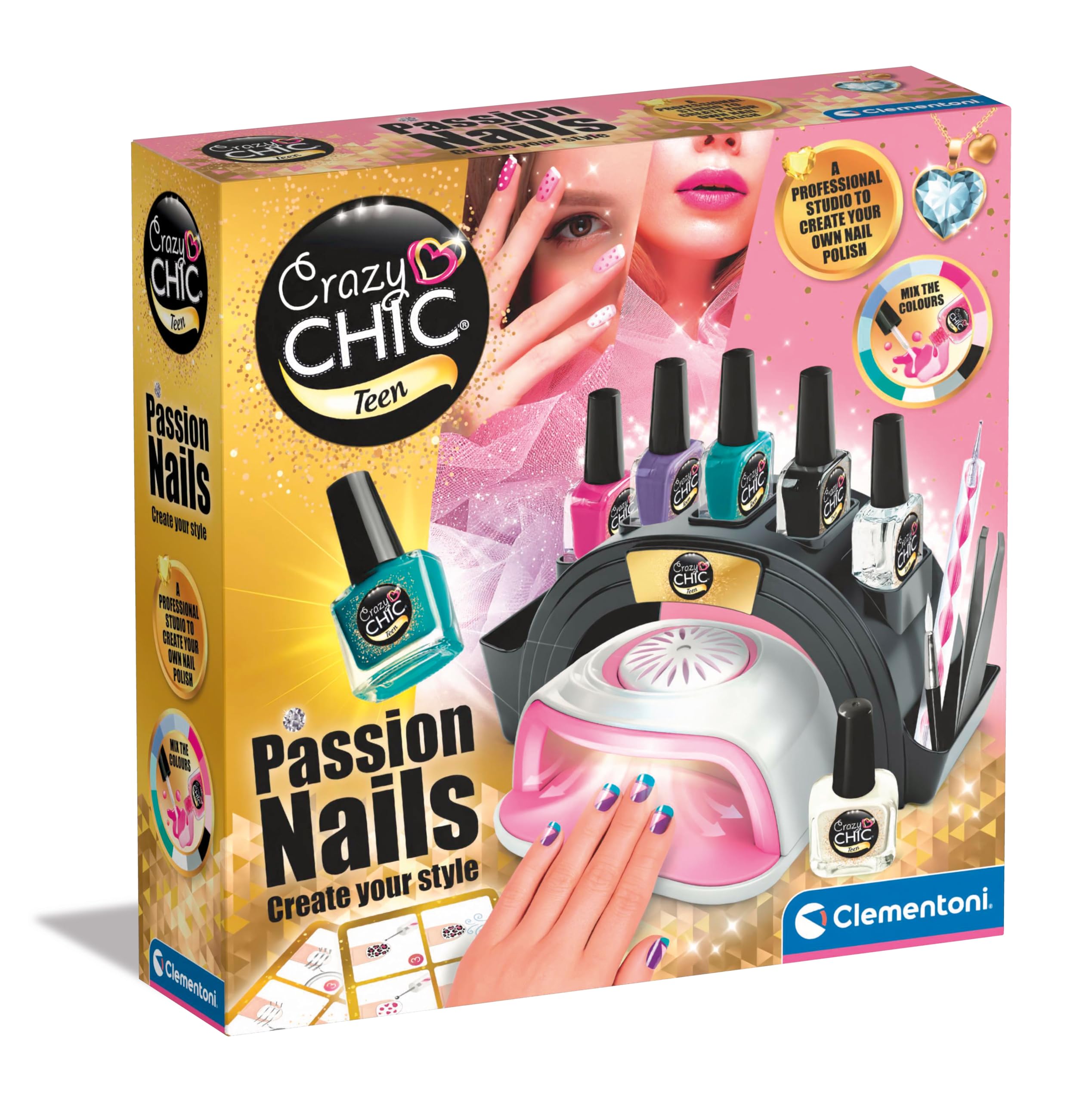 Clementoni-18784 Crazy Chic Passion-Juego de Esmalte Seguro y secador, diseño y decoración de uñas (8 años en adelante), Multicolor, Small (18784