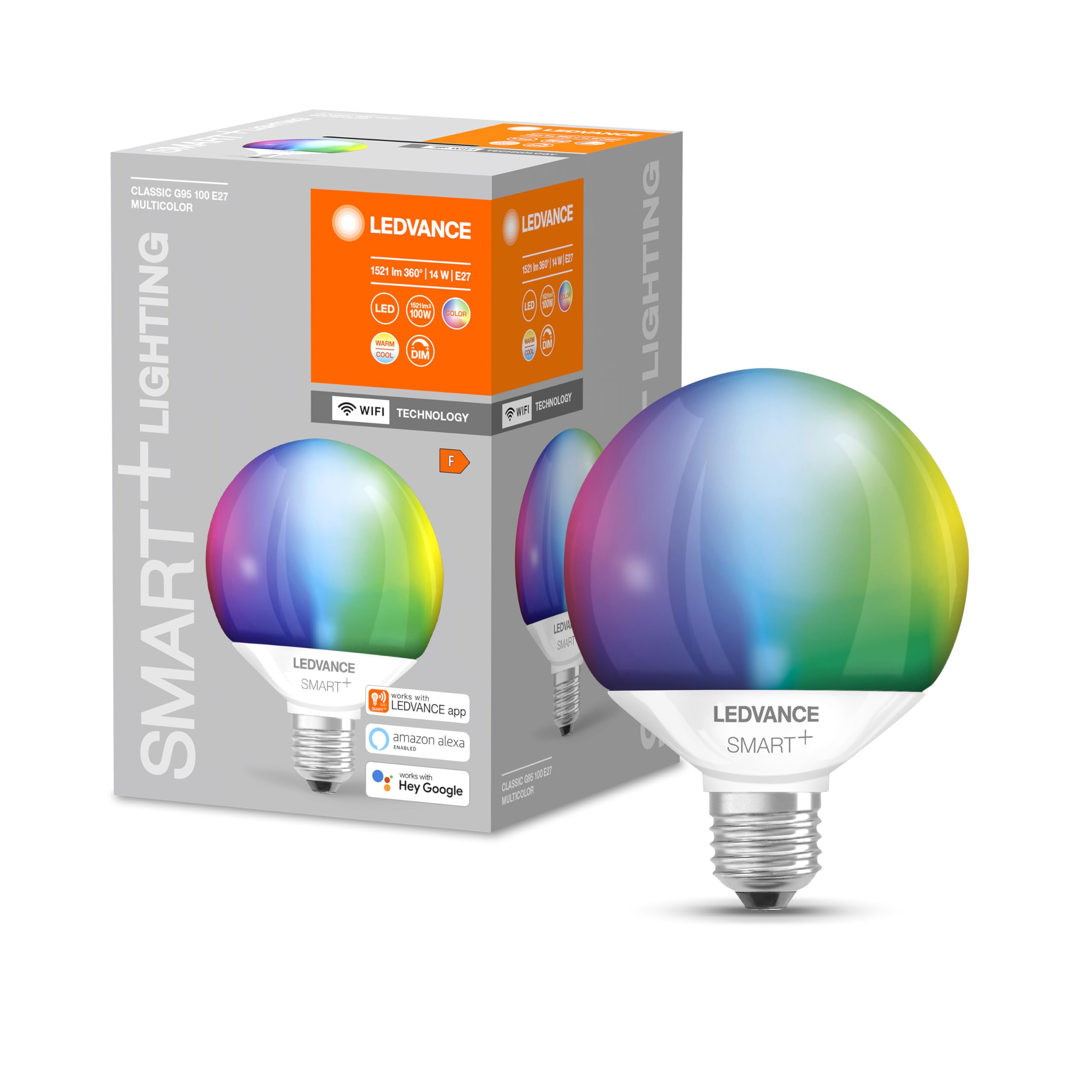 Ledvance Smart LED lamp with Wifi technology, E27 base, Dimmable, RGB colours & light colour changeable, Globeform, Matt, controllable with Alexa, Google & App, 1 Pack