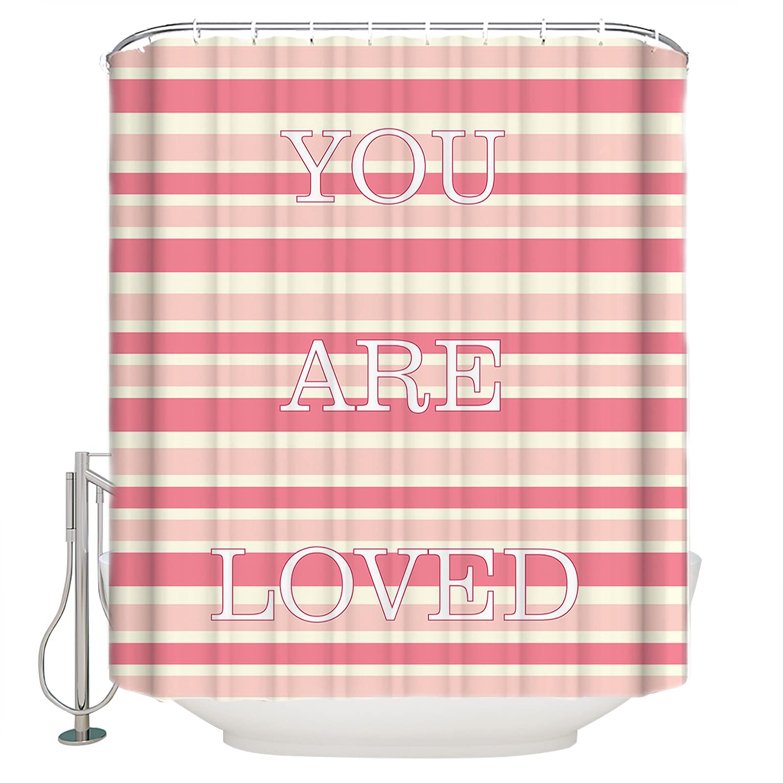 Red Vow Shower Curtain Sets for Bathroom-Valentine's Day You are Loved Stripes,Waterproof Polyester Fabric Decorative Bath Curtain with Hooks for Bathroom-Bathtubs 48x72IN