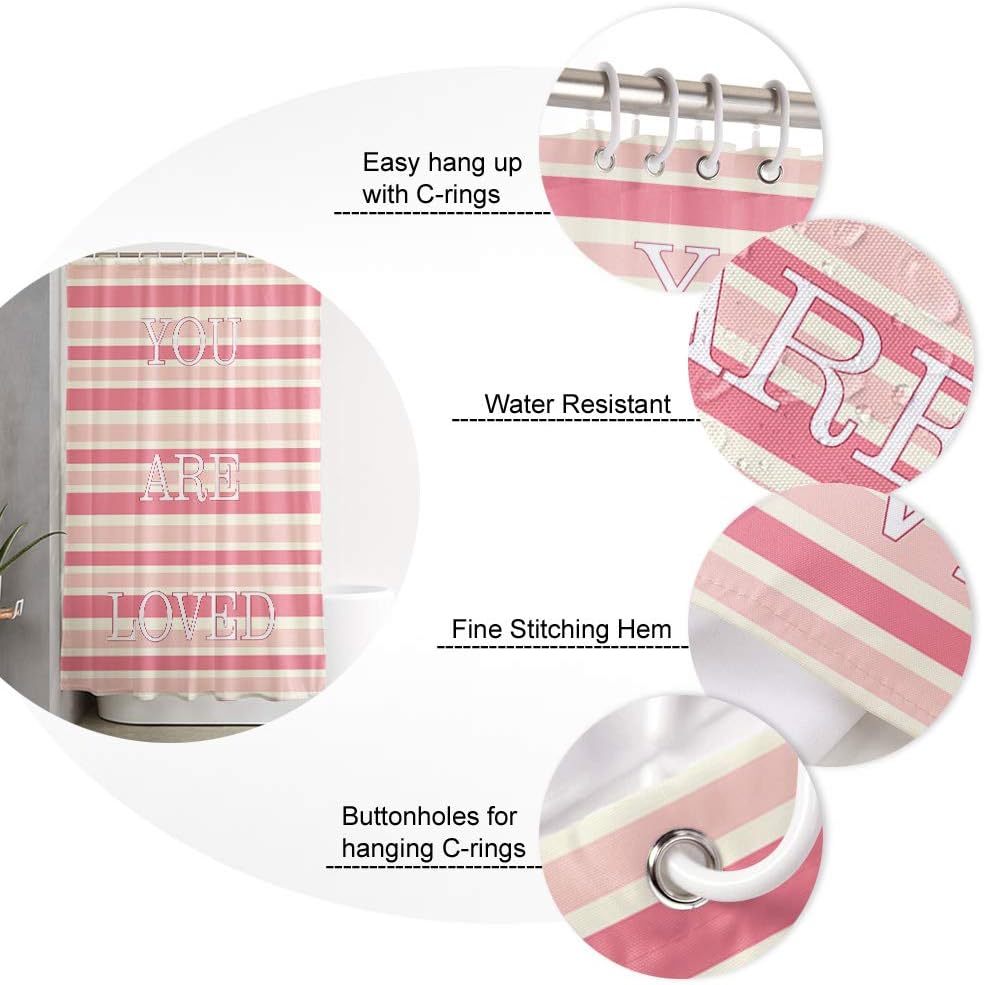 Red Vow Shower Curtain Sets for Bathroom-Valentine's Day You are Loved Stripes,Waterproof Polyester Fabric Decorative Bath Curtain with Hooks for Bathroom-Bathtubs 54x78IN