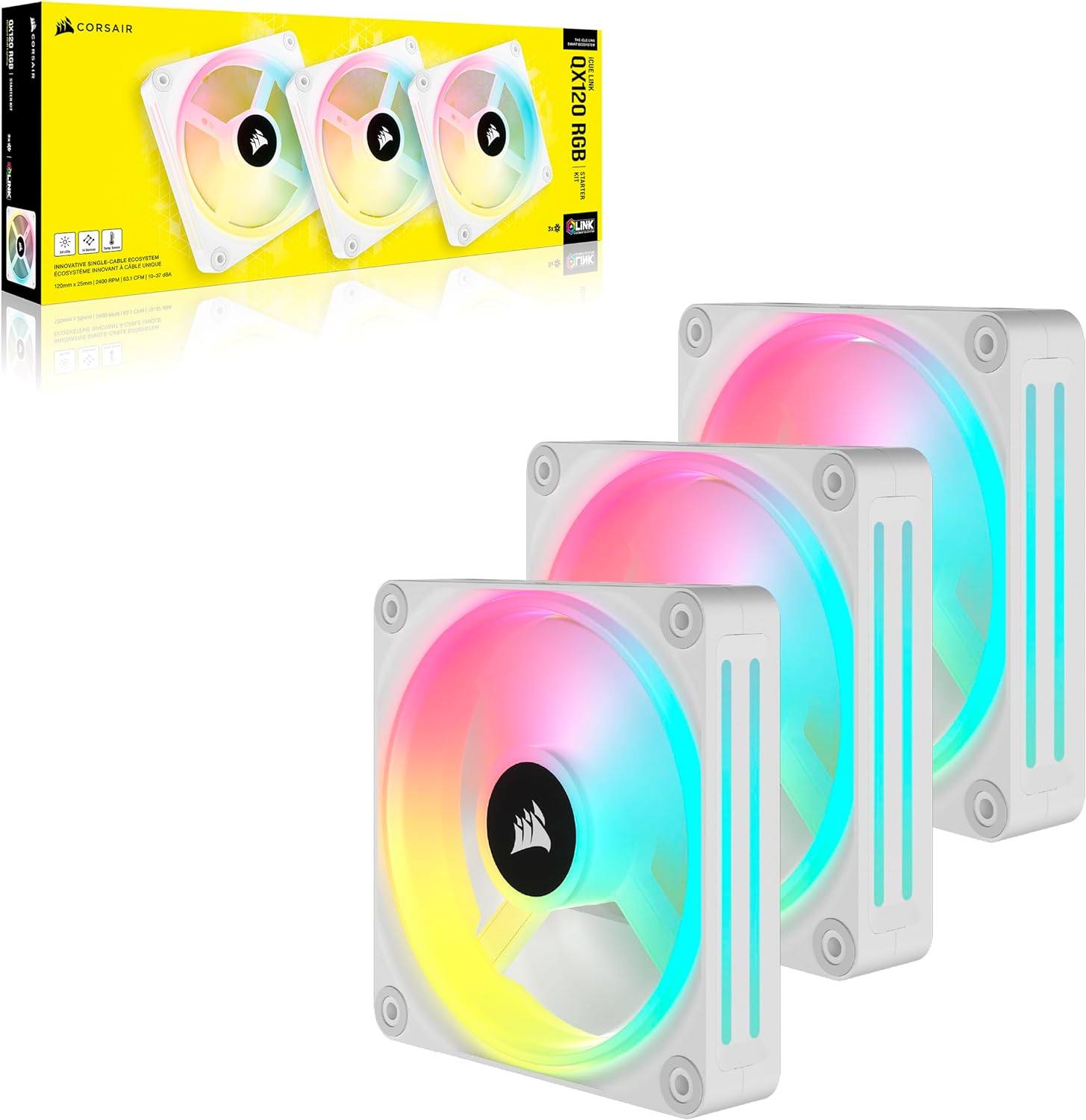 Corsair iCUE LINK QX120 RGB 120mm Magnetic Dome RGB Fans - Dreifach-Lüfter-Starter-Kit mit iCUE LINK System-Hub - Weiß, kompatible mit Desktop Nur Fans Dreifach (120mm) Weiß