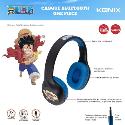 Konix One Piece Bluetooth 5.3 draadloze hoofdtelefoon voor smartphones en tablets, 30 uur batterijduur, 3,5 mm jack-kabel, Luffy-patroon