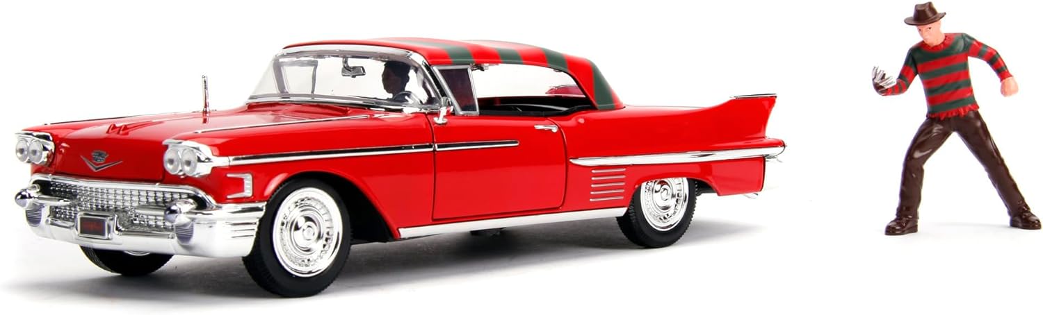 Jada 253255004 Pesadilla en Elm Street coche Cadillac Series 62 1958 metal con figura 1:24 Freddy Krueger Die cast Vehicle, red Cadillac Car Nightmare on Elm Street