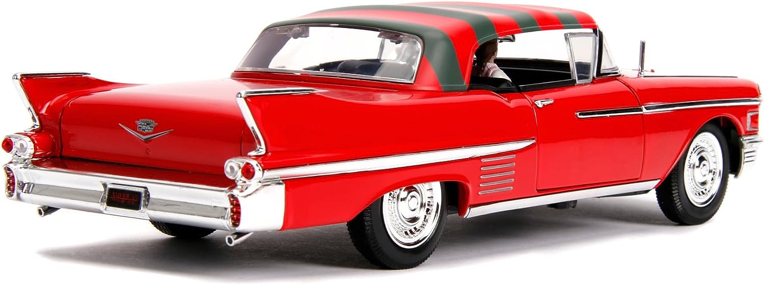 Jada 253255004 Pesadilla en Elm Street coche Cadillac Series 62 1958 metal con figura 1:24 Freddy Krueger Die cast Vehicle, red Cadillac Car Nightmare on Elm Street