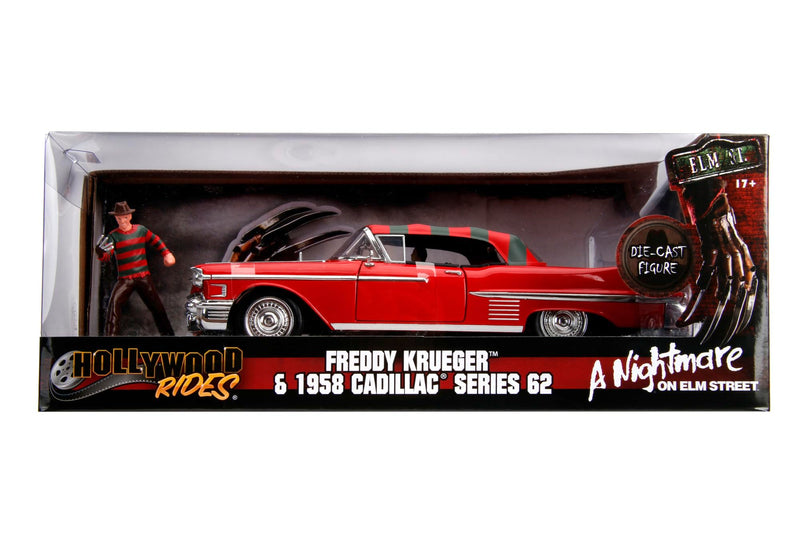 Jada 253255004 Pesadilla en Elm Street coche Cadillac Series 62 1958 metal con figura 1:24 Freddy Krueger Die cast Vehicle, red Cadillac Car Nightmare on Elm Street
