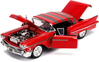 Jada 253255004 Pesadilla en Elm Street coche Cadillac Series 62 1958 metal con figura 1:24 Freddy Krueger Die cast Vehicle, red Cadillac Car Nightmare on Elm Street