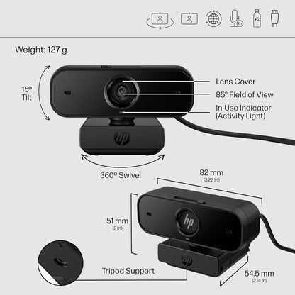 HP 430 FHD Webcam | Full HD 1080p | Dual Mics | Auto Focus | Lighting and Colour Correction | Privacy Shutter | 360° Swivel and 15° Tilt | 85° Field of View | Compatible with Chrome, PC or Mac | Black