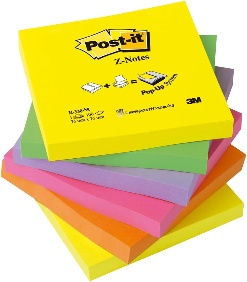 Post-it Foglietti Z-Notes, Colori Neon Assortiti, Confezione da 12 blocchetti, 76mm x 76 mm - Per Appunti, Elenchi & Promemoria