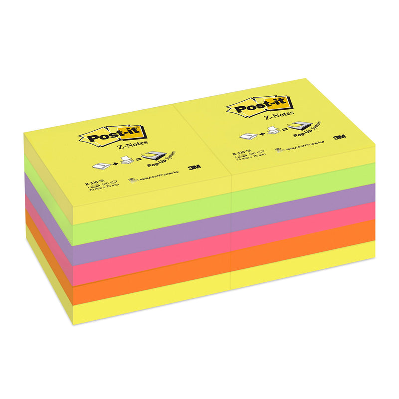 Post-it Foglietti Z-Notes, Colori Neon Assortiti, Confezione da 12 blocchetti, 76mm x 76 mm - Per Appunti, Elenchi & Promemoria
