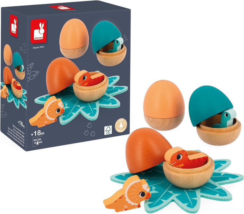 Janod Surprise 3 Baby Dinosaur-Hiding Eggs-Pull Open-FSC Wooden Toy-18 Months +, J05834, Multicolor