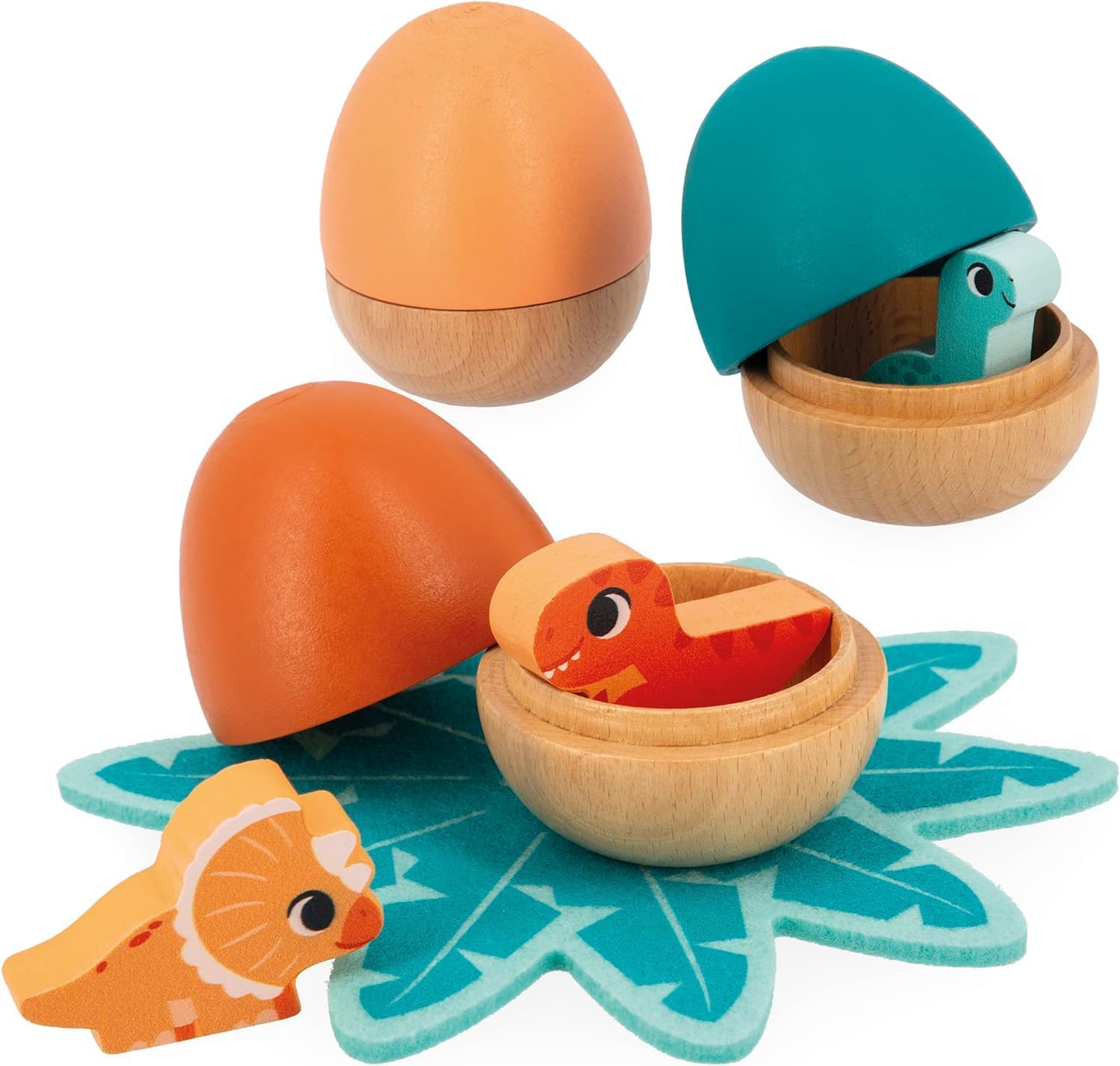 Janod Surprise 3 Baby Dinosaur-Hiding Eggs-Pull Open-FSC Wooden Toy-18 Months +, J05834, Multicolor