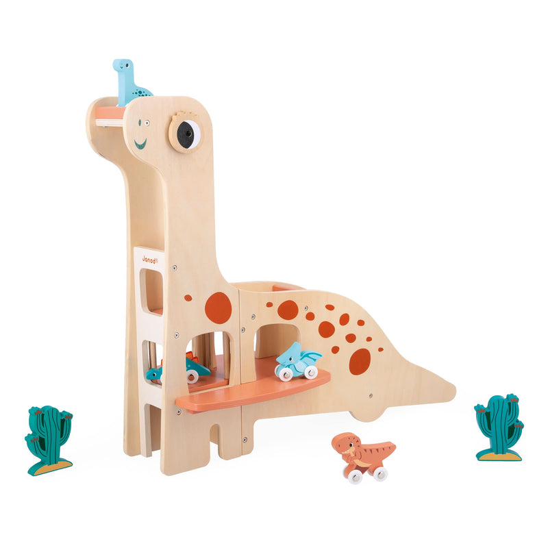 Janod Dino Garage Children’s Diplodocus 4 Push-Along Dinosaurs and 2 Cacti-Develops Fine Motor Skills-FSC Wooden Toy-24 Months +, J05835, Multicolor