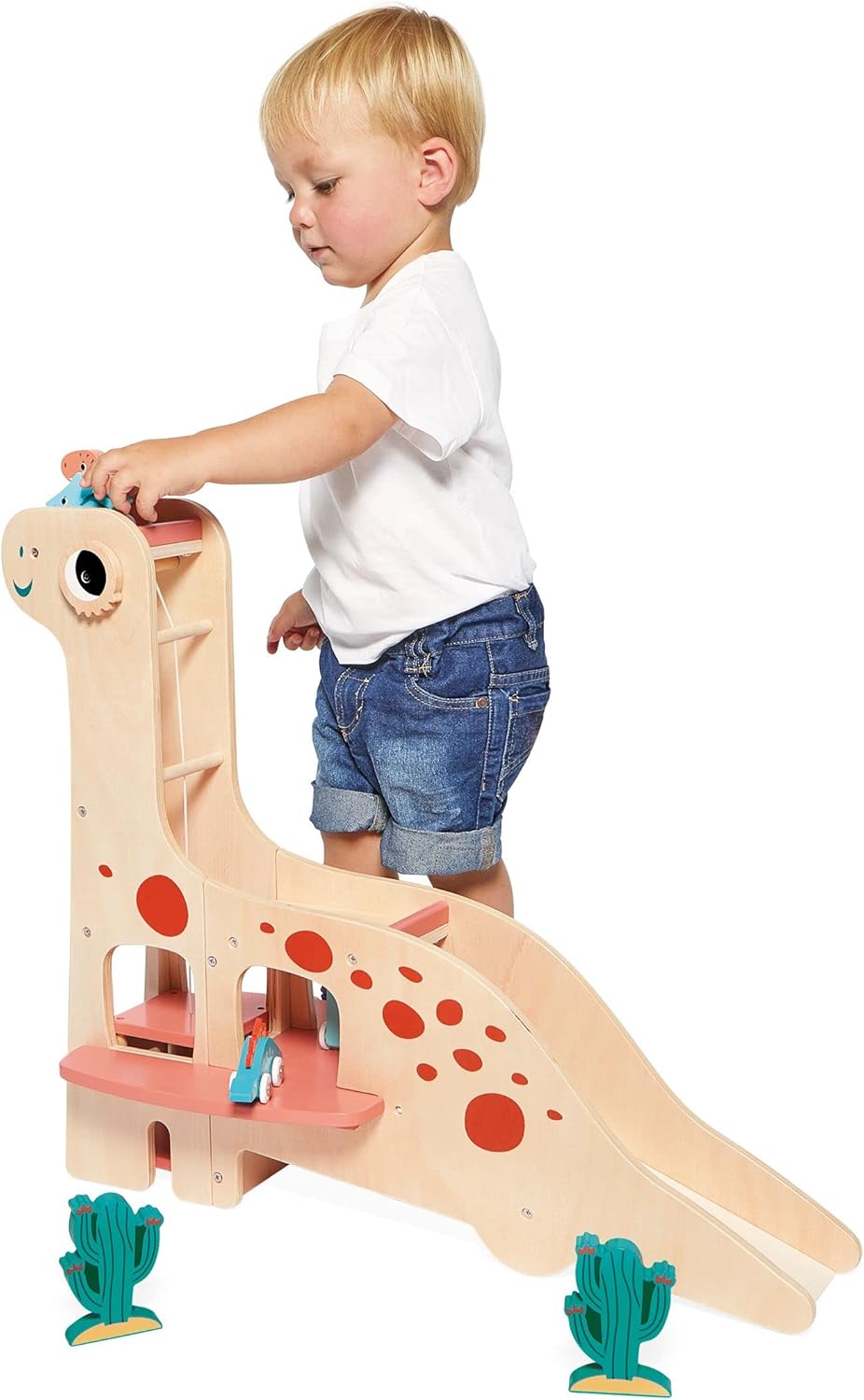 Janod Dino Garage Children’s Diplodocus 4 Push-Along Dinosaurs and 2 Cacti-Develops Fine Motor Skills-FSC Wooden Toy-24 Months +, J05835, Multicolor
