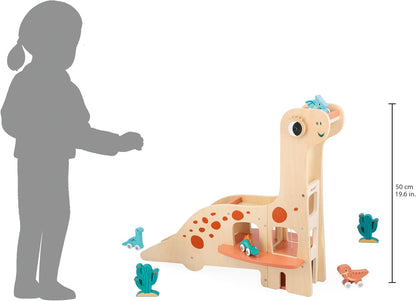 Janod Dino Garage Children’s Diplodocus 4 Push-Along Dinosaurs and 2 Cacti-Develops Fine Motor Skills-FSC Wooden Toy-24 Months +, J05835, Multicolor