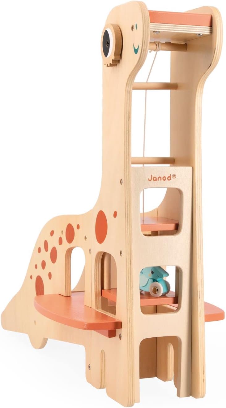 Janod Dino Garage Children’s Diplodocus 4 Push-Along Dinosaurs and 2 Cacti-Develops Fine Motor Skills-FSC Wooden Toy-24 Months +, J05835, Multicolor