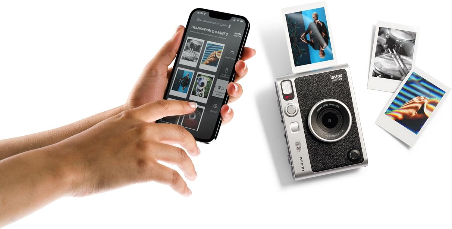 INSTAX FUJIFILM mini Evo Black camera en printer, (USB-C) USB-C Zwart, instax Mini EVO Black-C. Cámara e Impresora con Pantalla LCD de 2,7 Pulgadas, 10 Efectos de Lente y 10 Efectos de película Negro, Instax mini EVO 2-in-1 photo camera and printer with a