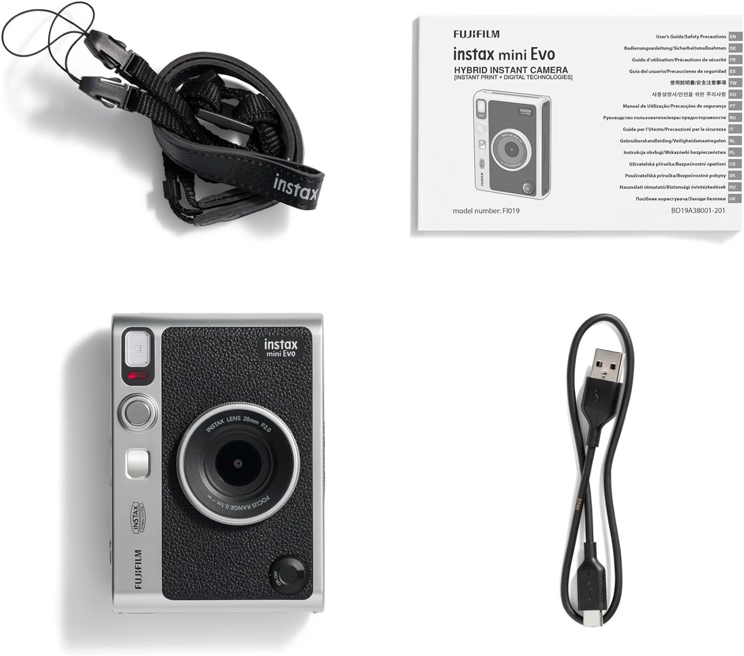 INSTAX FUJIFILM mini Evo Black camera en printer, (USB-C) USB-C Zwart, instax Mini EVO Black-C. Cámara e Impresora con Pantalla LCD de 2,7 Pulgadas, 10 Efectos de Lente y 10 Efectos de película Negro, Instax mini EVO 2-in-1 photo camera and printer with a