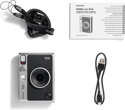 INSTAX FUJIFILM mini Evo Black camera en printer, (USB-C) USB-C Zwart, instax Mini EVO Black-C. Cámara e Impresora con Pantalla LCD de 2,7 Pulgadas, 10 Efectos de Lente y 10 Efectos de película Negro, Instax mini EVO 2-in-1 photo camera and printer with a
