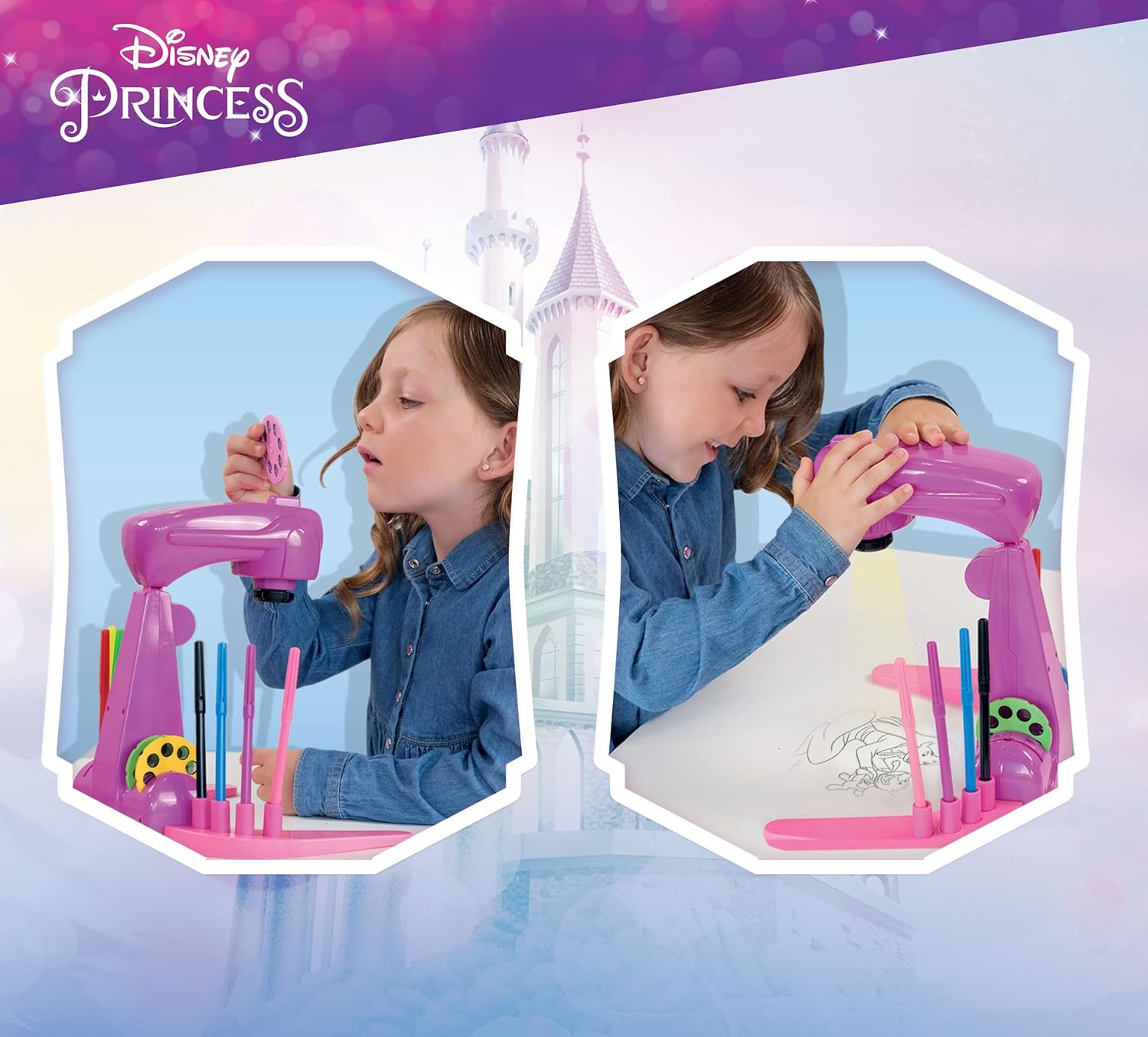 Lisciani - PRINCESS PROJECTOR DRAWING SCHOOL - For Children Aged 4 and Up - Learn to Draw Disney Princesses - Includes Projector, Discs, Colored Pens, Stickers, Paper, and More