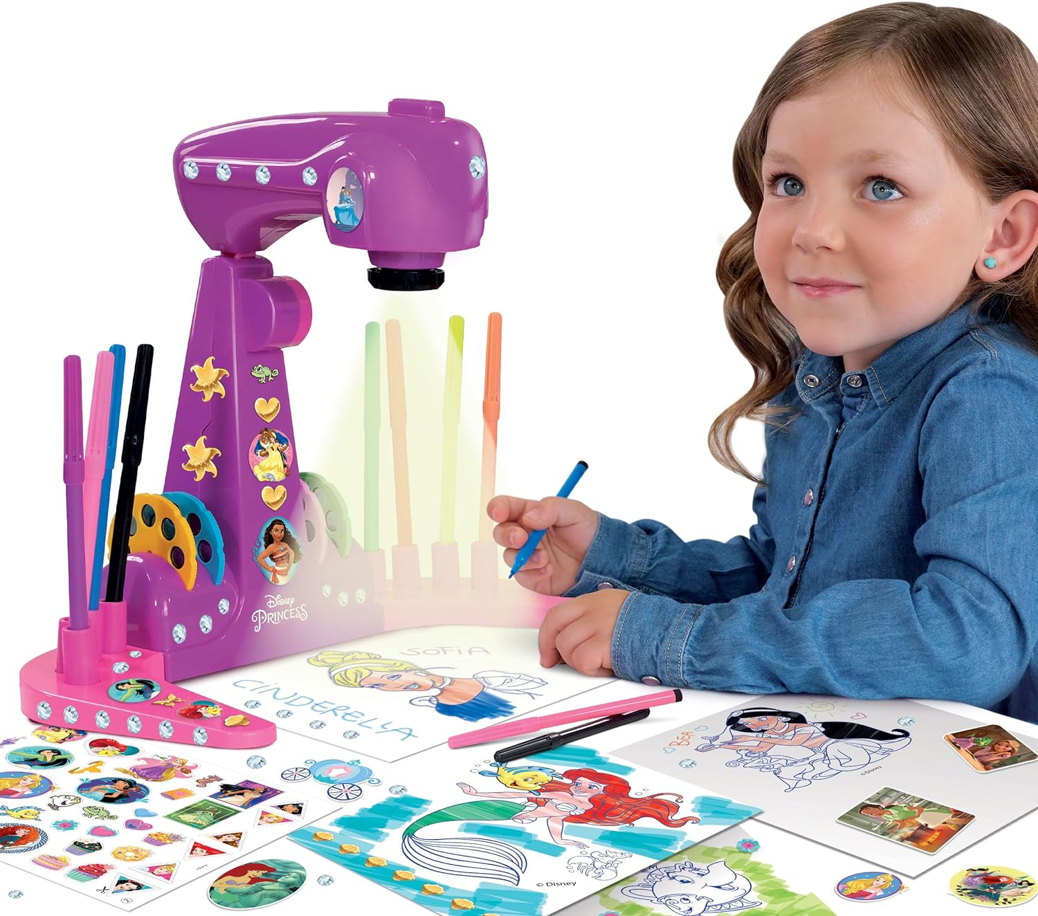 Lisciani - PRINCESS PROJECTOR DRAWING SCHOOL - For Children Aged 4 and Up - Learn to Draw Disney Princesses - Includes Projector, Discs, Colored Pens, Stickers, Paper, and More