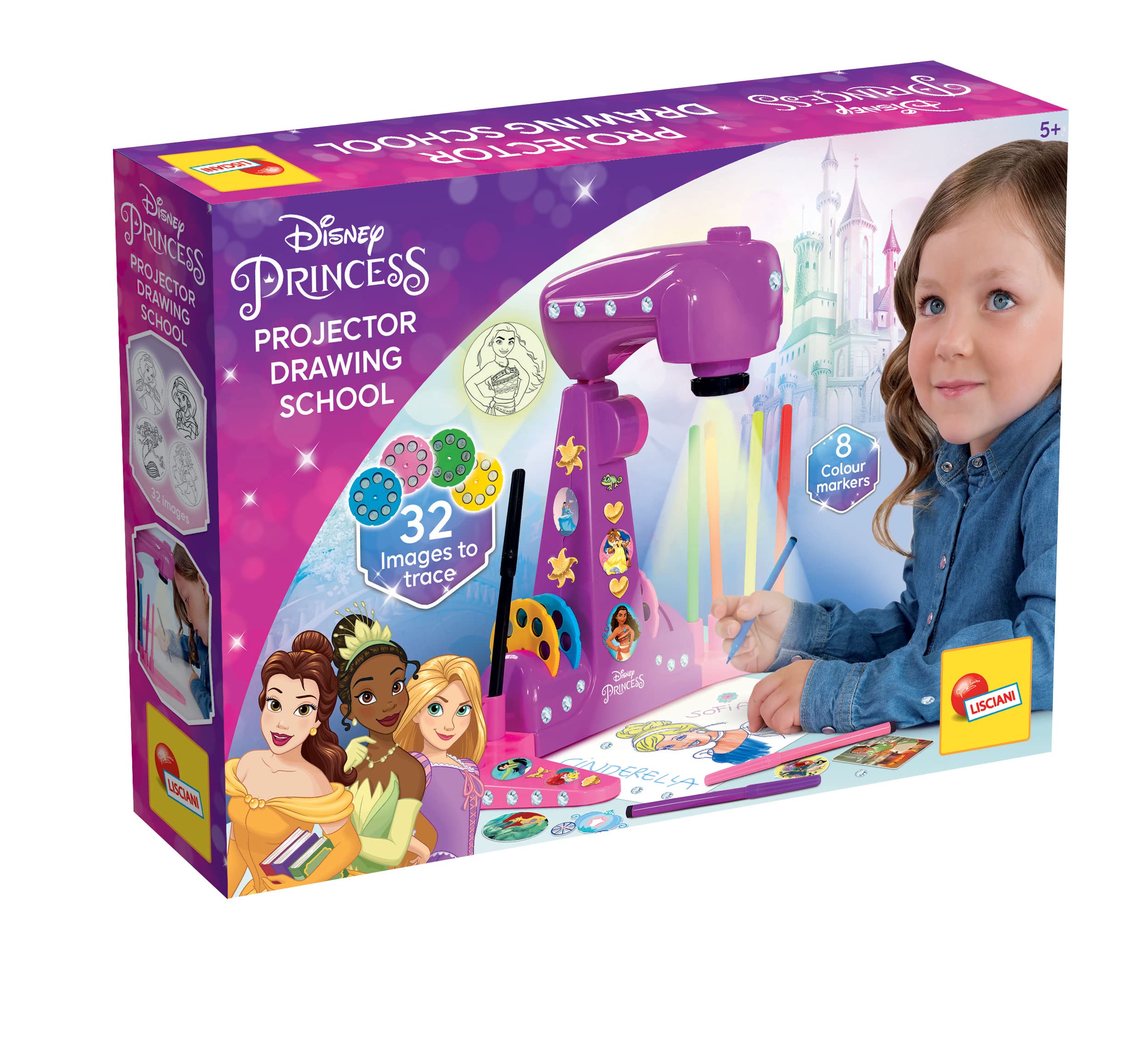 Lisciani - PRINCESS PROJECTOR DRAWING SCHOOL - For Children Aged 4 and Up - Learn to Draw Disney Princesses - Includes Projector, Discs, Colored Pens, Stickers, Paper, and More