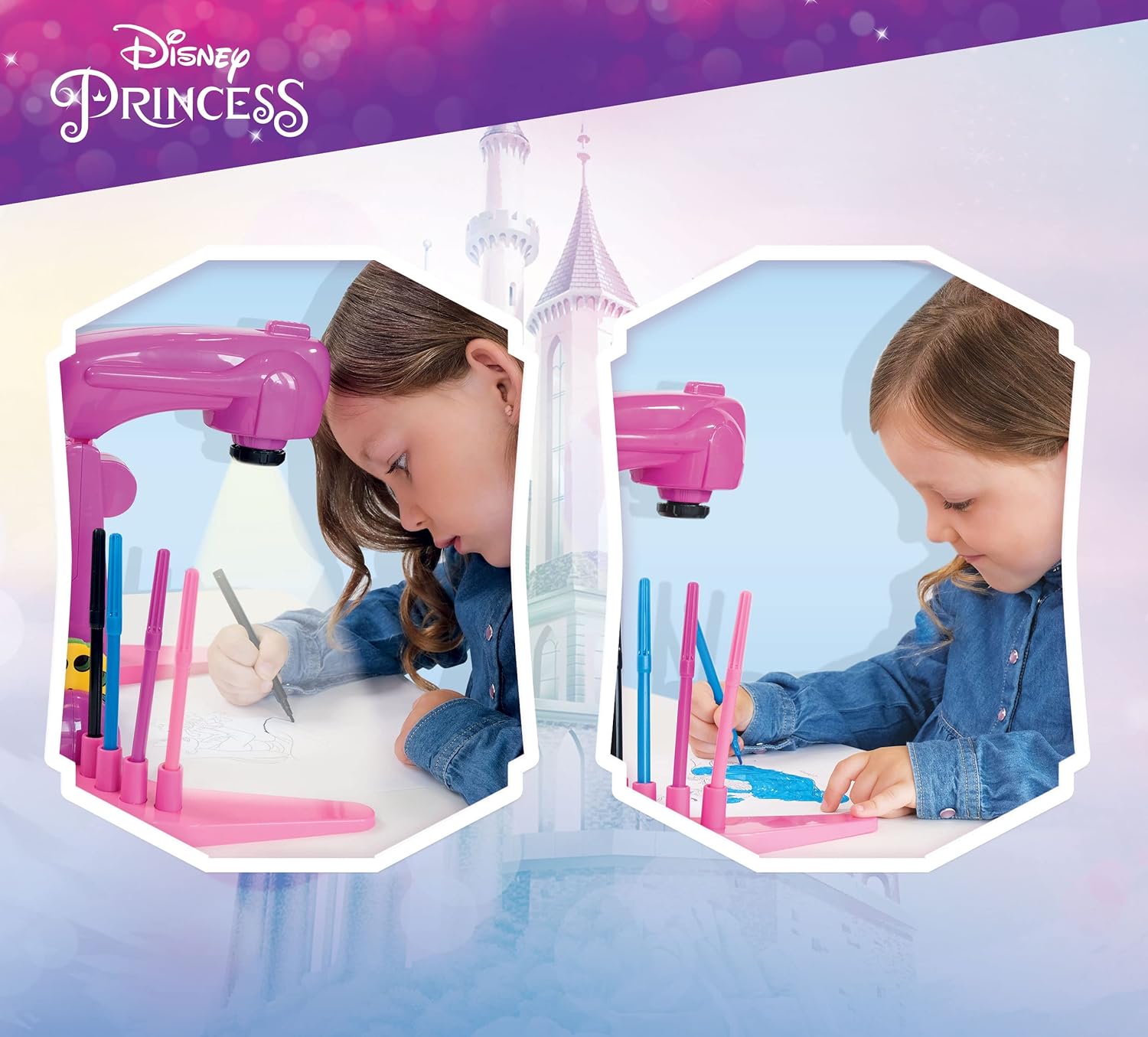 Lisciani - PRINCESS PROJECTOR DRAWING SCHOOL - For Children Aged 4 and Up - Learn to Draw Disney Princesses - Includes Projector, Discs, Colored Pens, Stickers, Paper, and More