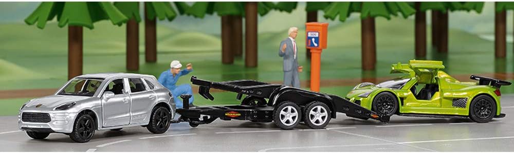 siku 2544, Car with Transport Trailer and Sports Car, 1:55, Metal/Plastic, Silver/Green, Tiltable loading area Car with trailer + sports car